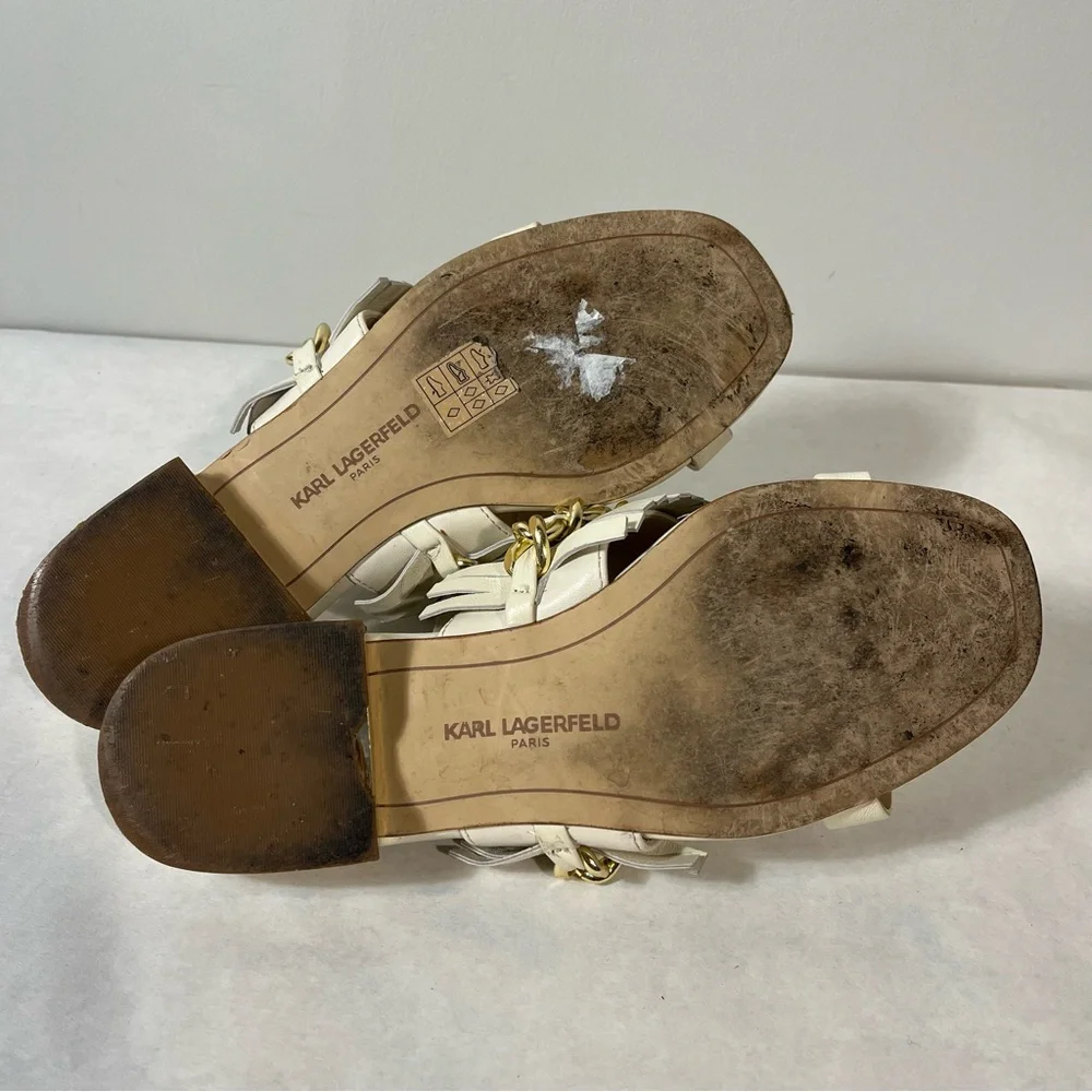 Karl Lagerfeld Athens Sandals Fringe Gold Chain Ivory Size 6.5 - Picture 6 of 8